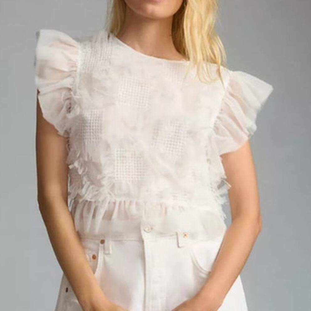 Maeve Anthropologie White Tulle Ruffle Mesh Blouse Size XS